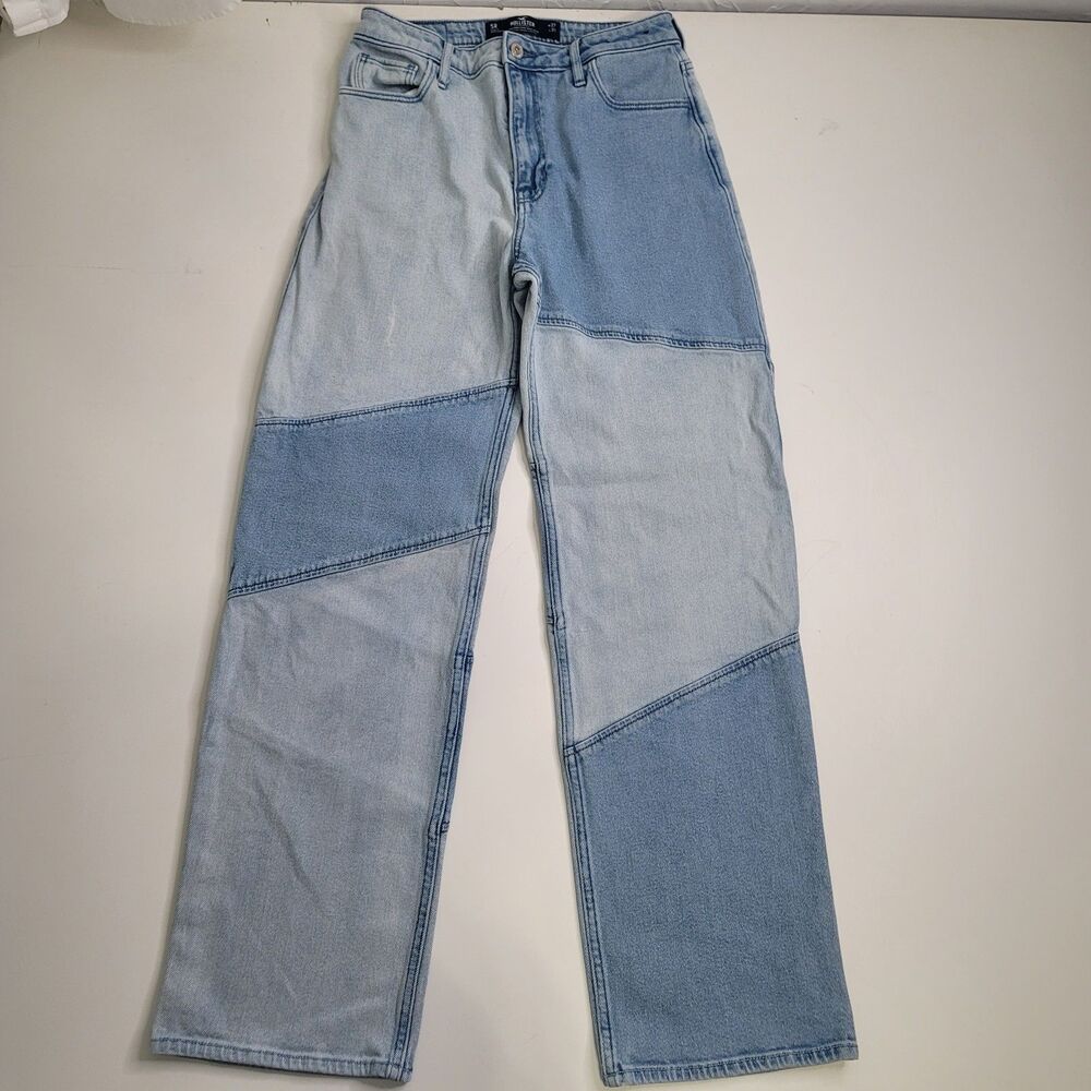 Hollister Ultra High Rise Dad Jeans 5R Light Wash Patchwork Denim Womens 27x31